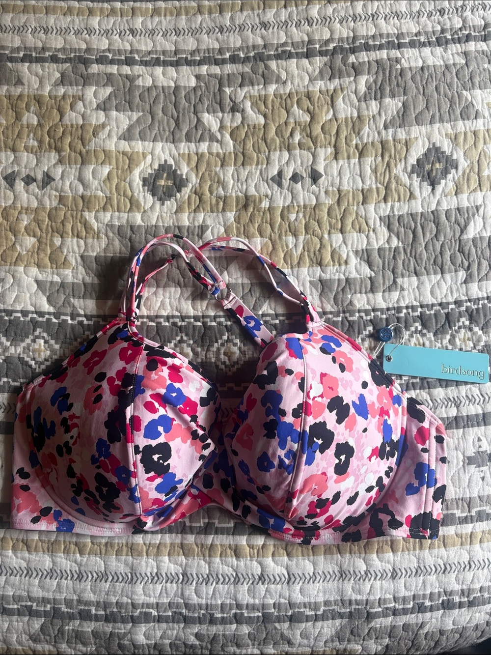 NWT Birdsong 38DDD Pink Blue Purple Abstract Leopard Adjustable Strap Bikini Top